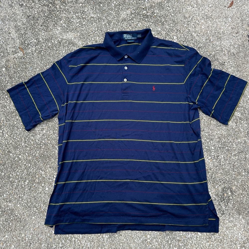 Polo Ralph Lauren Mens XL Navy Blue Striped Pima Cotton Golf Fit Polo Shirt
